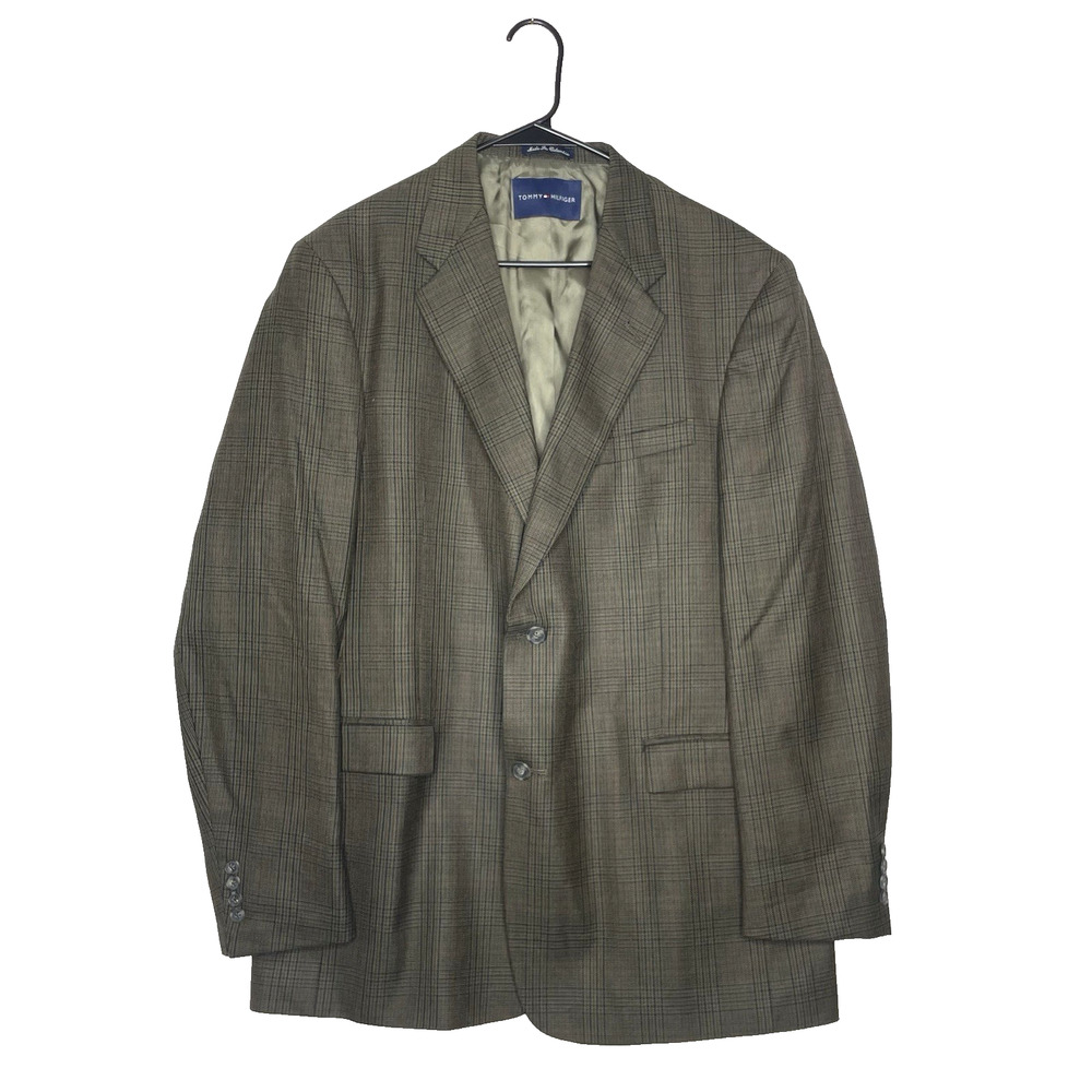 Tommy Hilfiger Sport Coat Mens 44L Brown Glen Plaid Wool Blazer Jacket Old Money